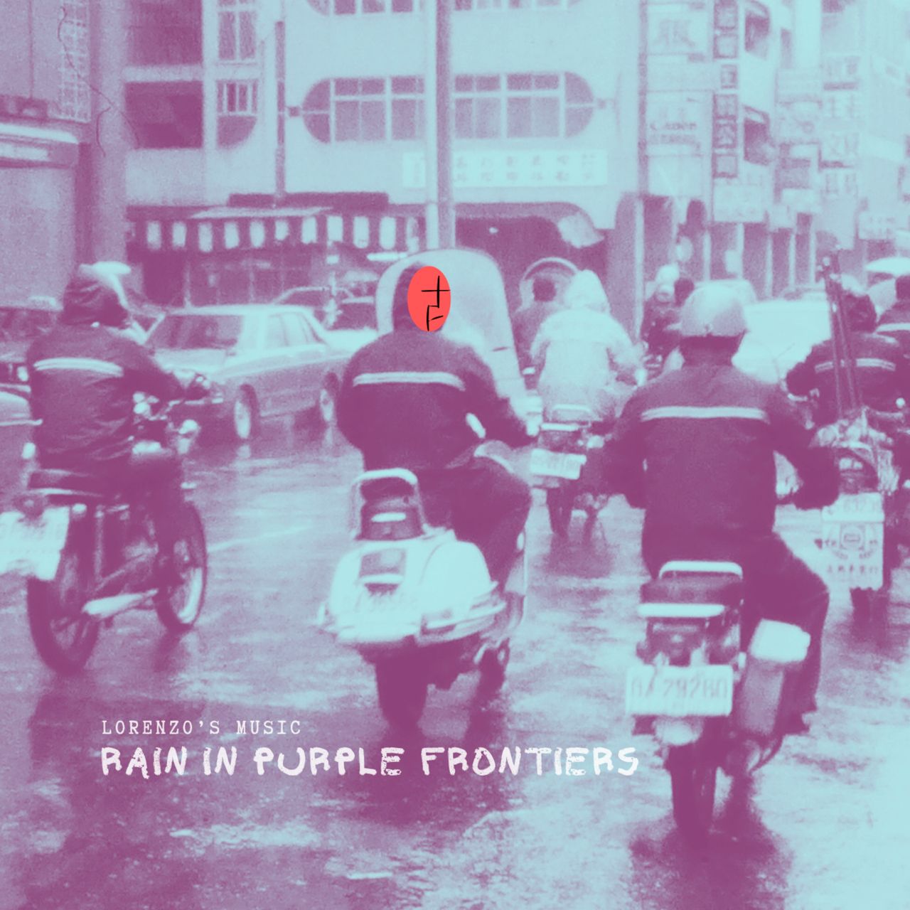 photo of people on mopeds driving down the street and one with a catoon face looking up at them